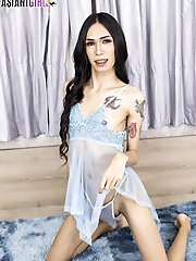 All-natural ladyboy Boyo has a slim body with a nice big tattoo on her back. Be with her as she jerks off her cock and cums in this hot solo scene